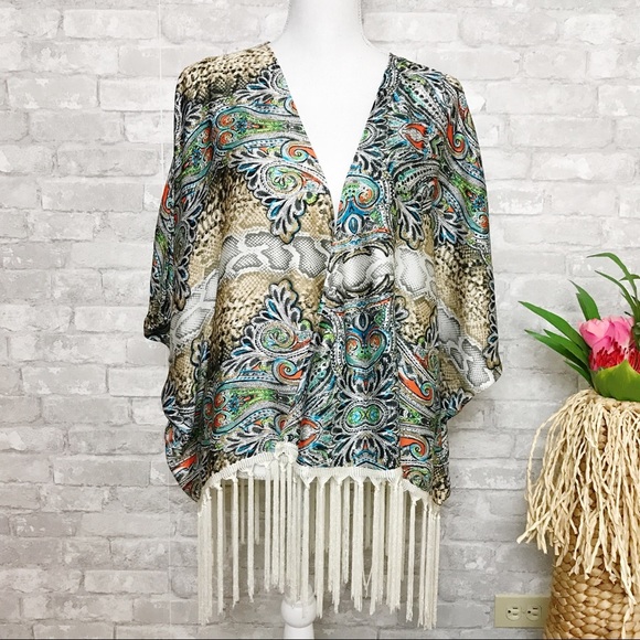 Ark & Co Sweaters - NWT Ark & co. | Bohemian Snake/ Paisley Print Fringe Kimono M